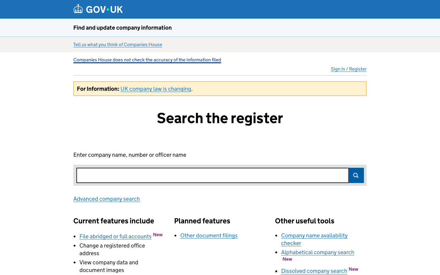 Companies House interface preview