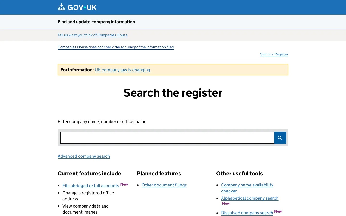 Companies House interface preview