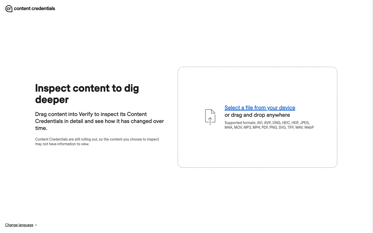 Content Credentials Verify official-page screenshot