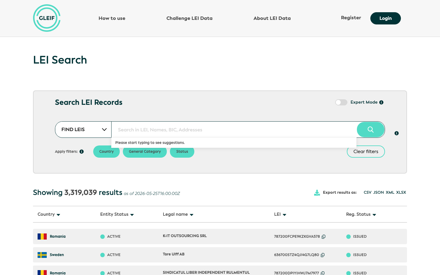 GLEIF LEI Search interface preview