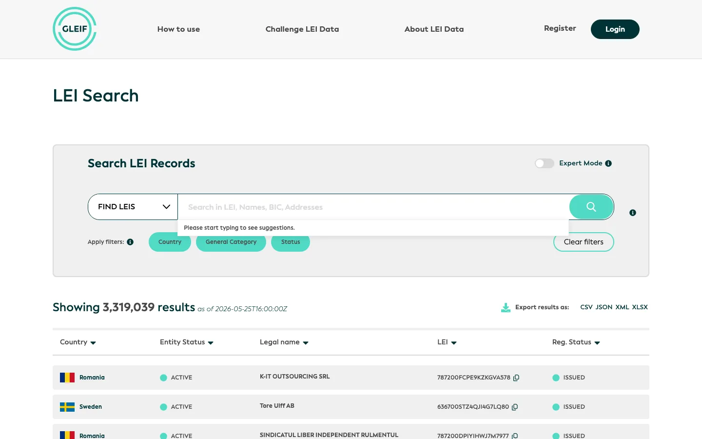 GLEIF LEI Search interface preview