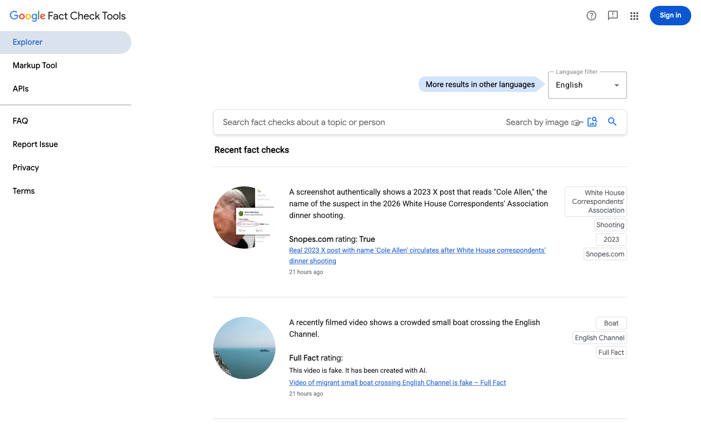 Google Fact Check Explorer interface preview