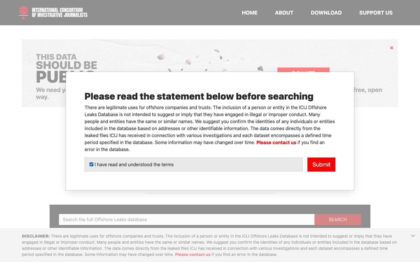 ICIJ Offshore Leaks Database interface preview