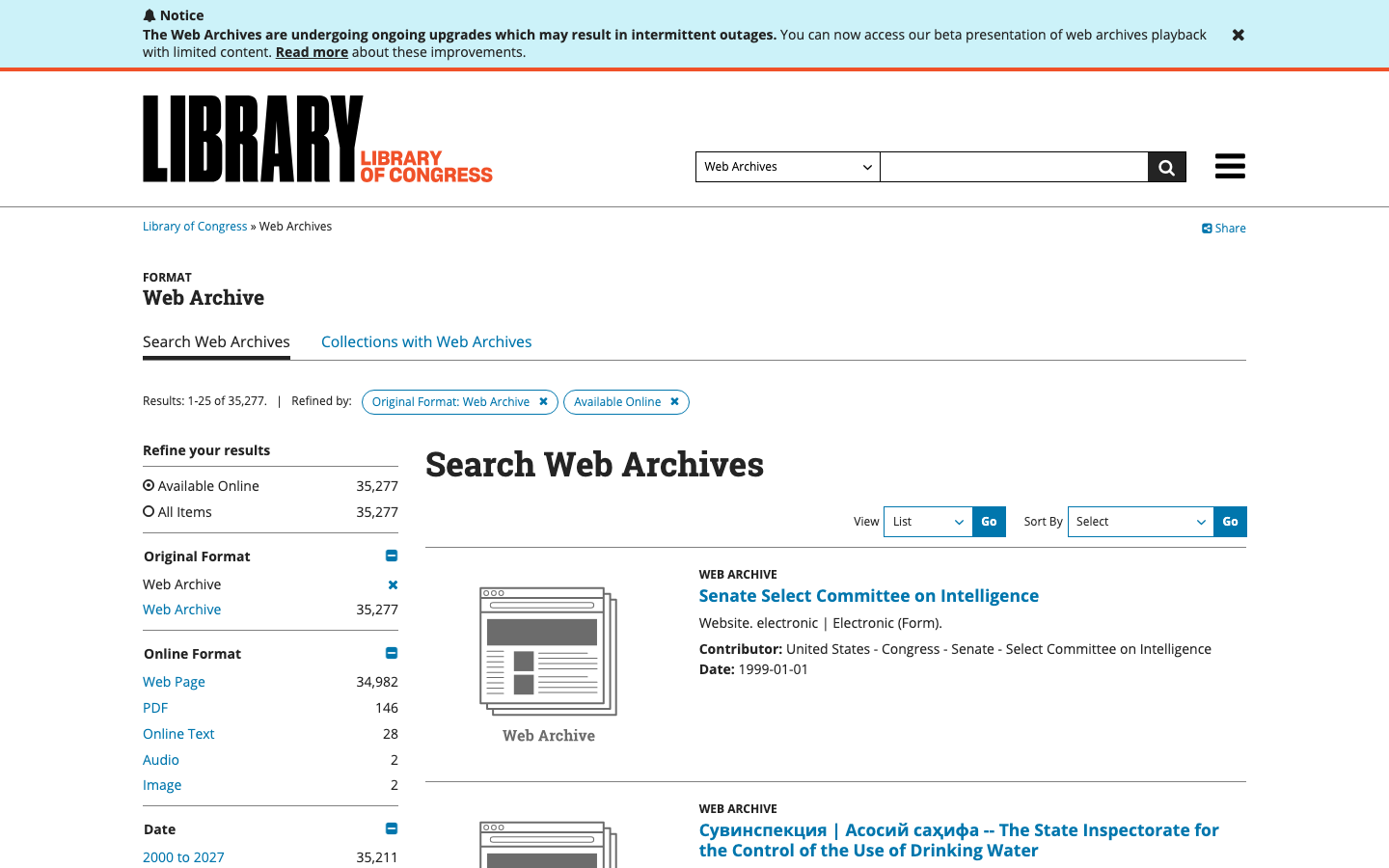 Library of Congress Web Archives interface preview