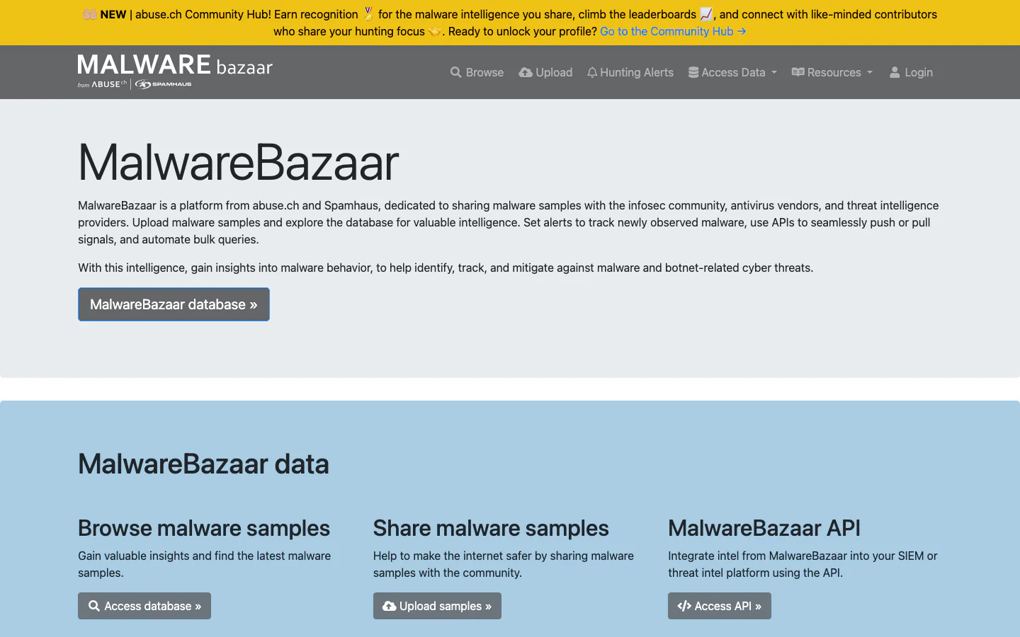 MalwareBazaar official-page screenshot