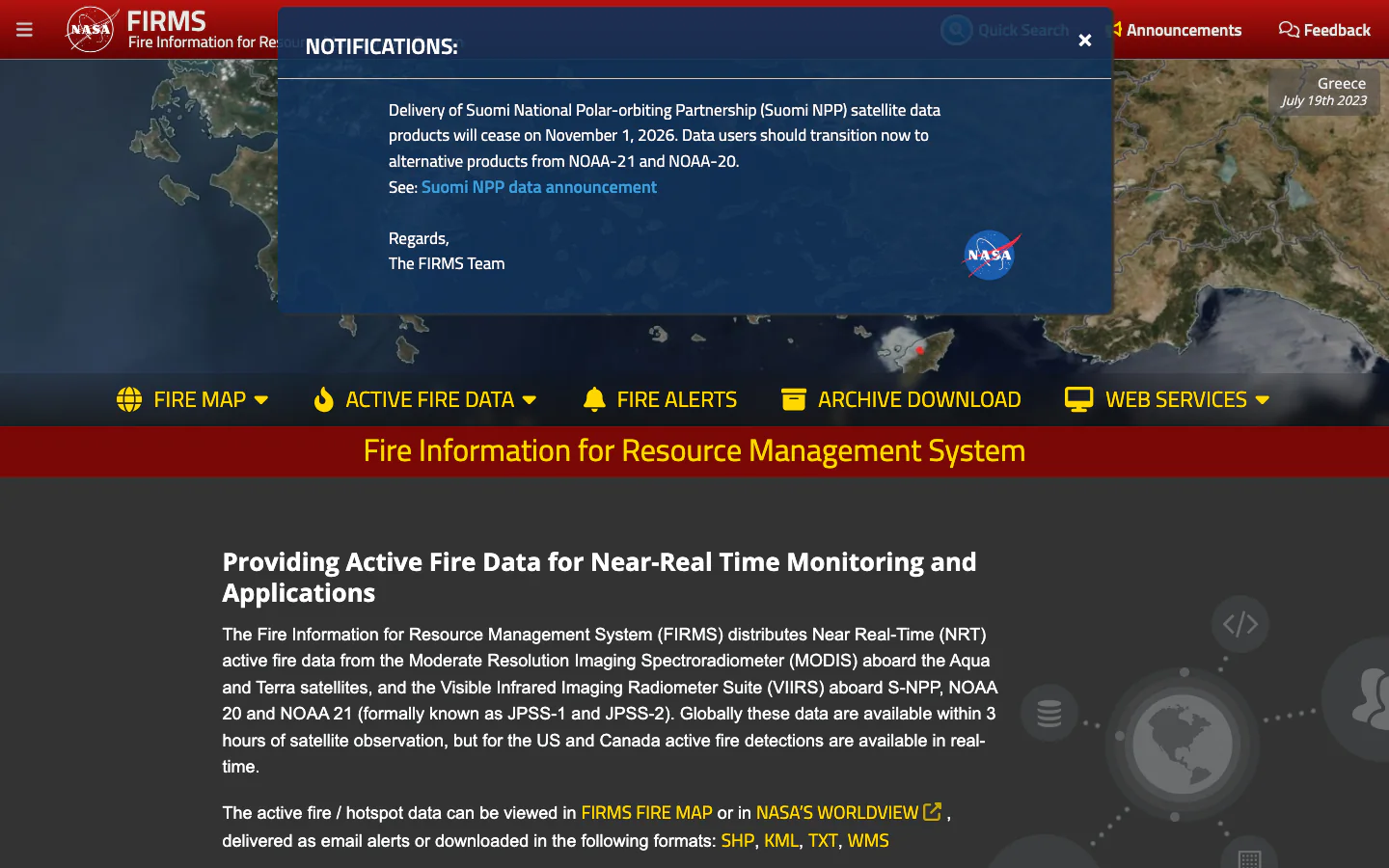 NASA FIRMS official-page screenshot