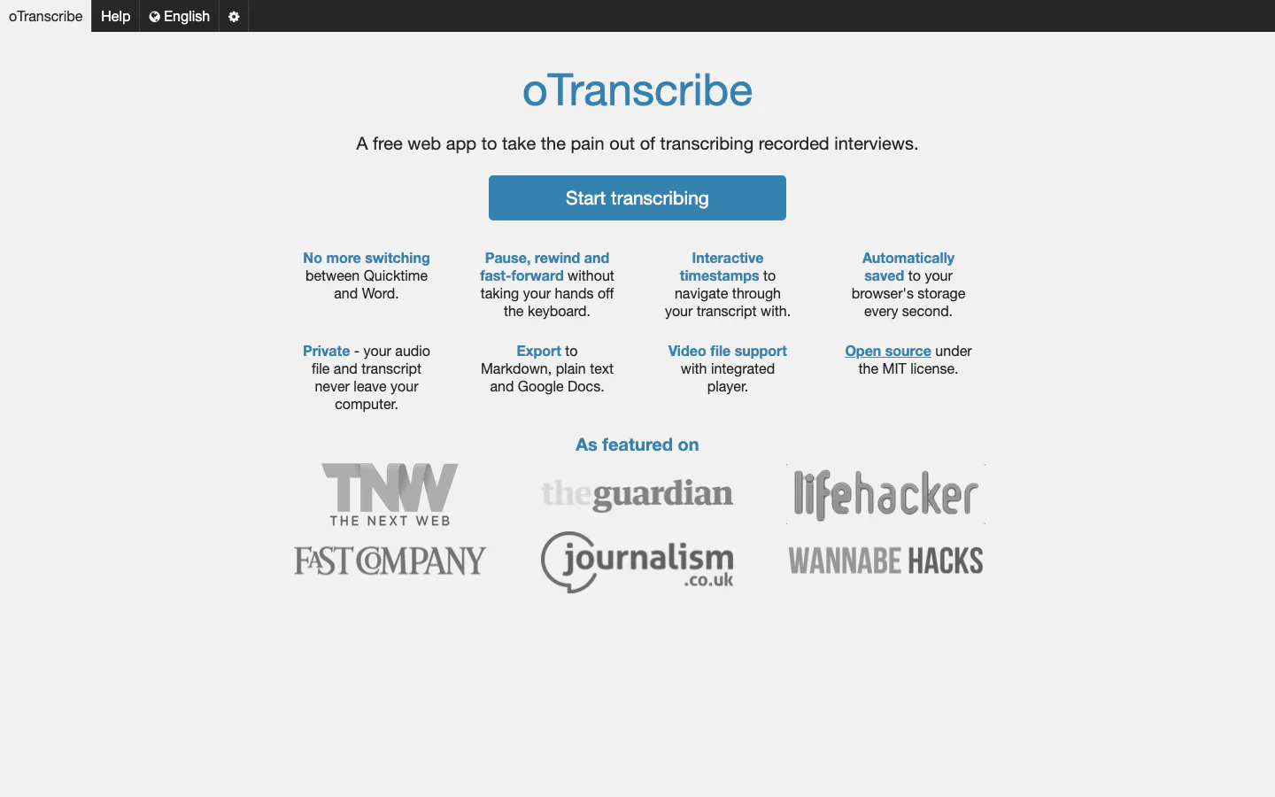 oTranscribe official-page screenshot