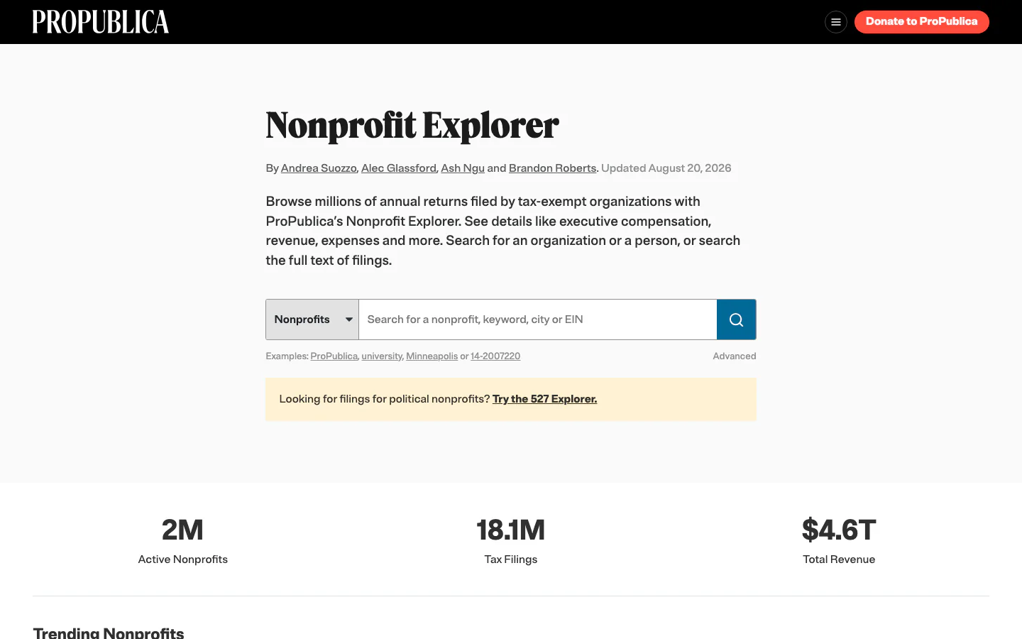 ProPublica Nonprofit Explorer official-page screenshot