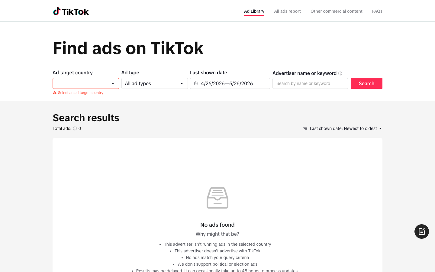 TikTok Commercial Content Library interface preview