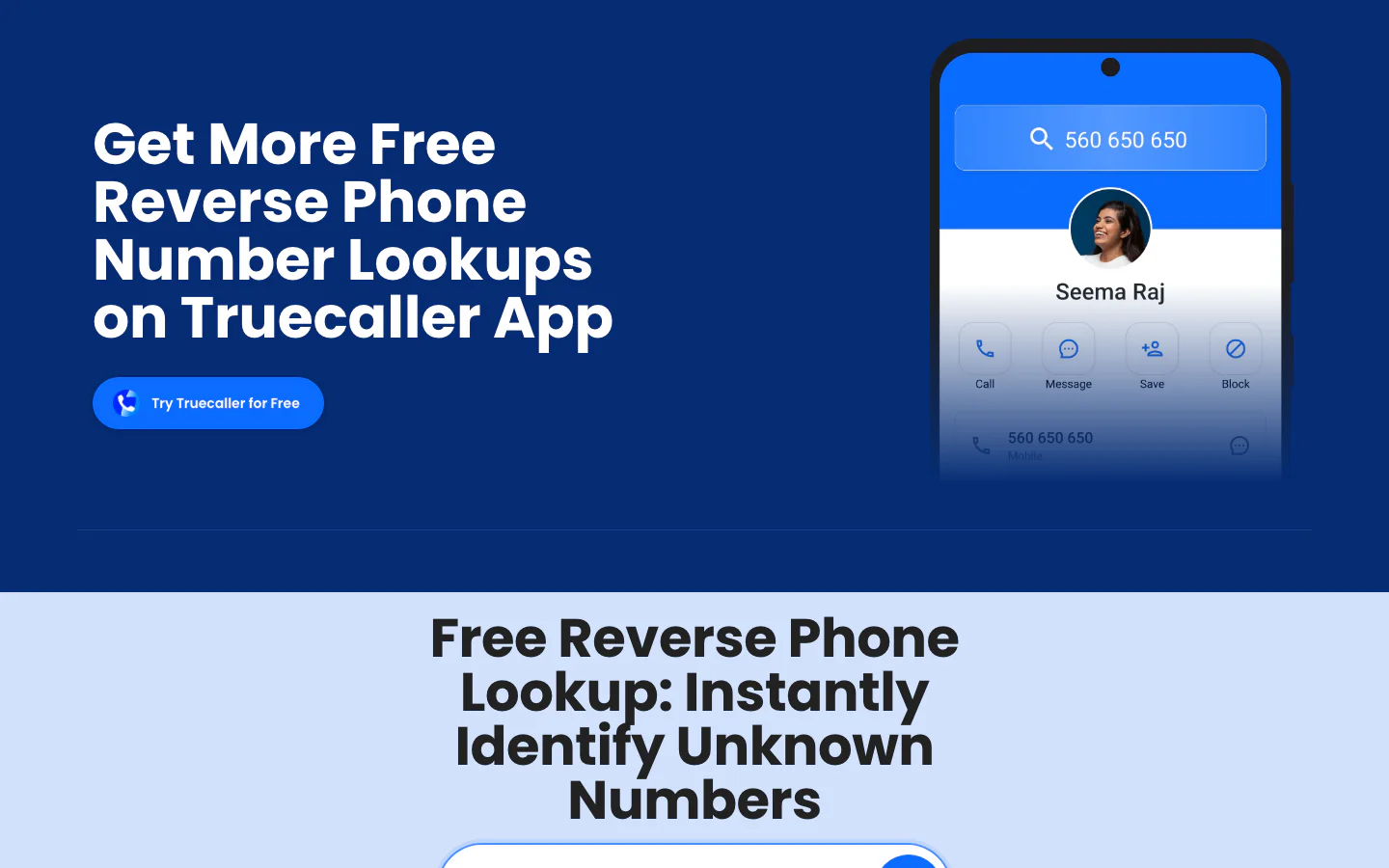 Truecaller Reverse Phone Lookup official-page screenshot